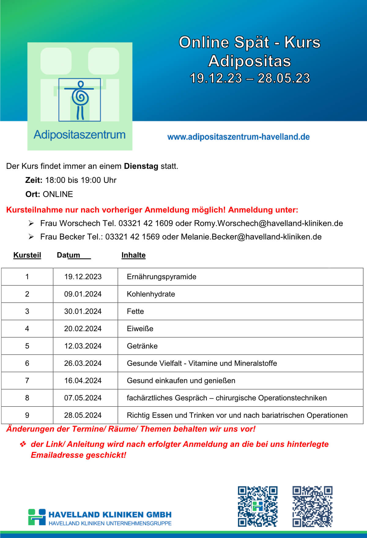 Adipositaszentrum Havelland - Termine Onlinekurs Nauen 2024