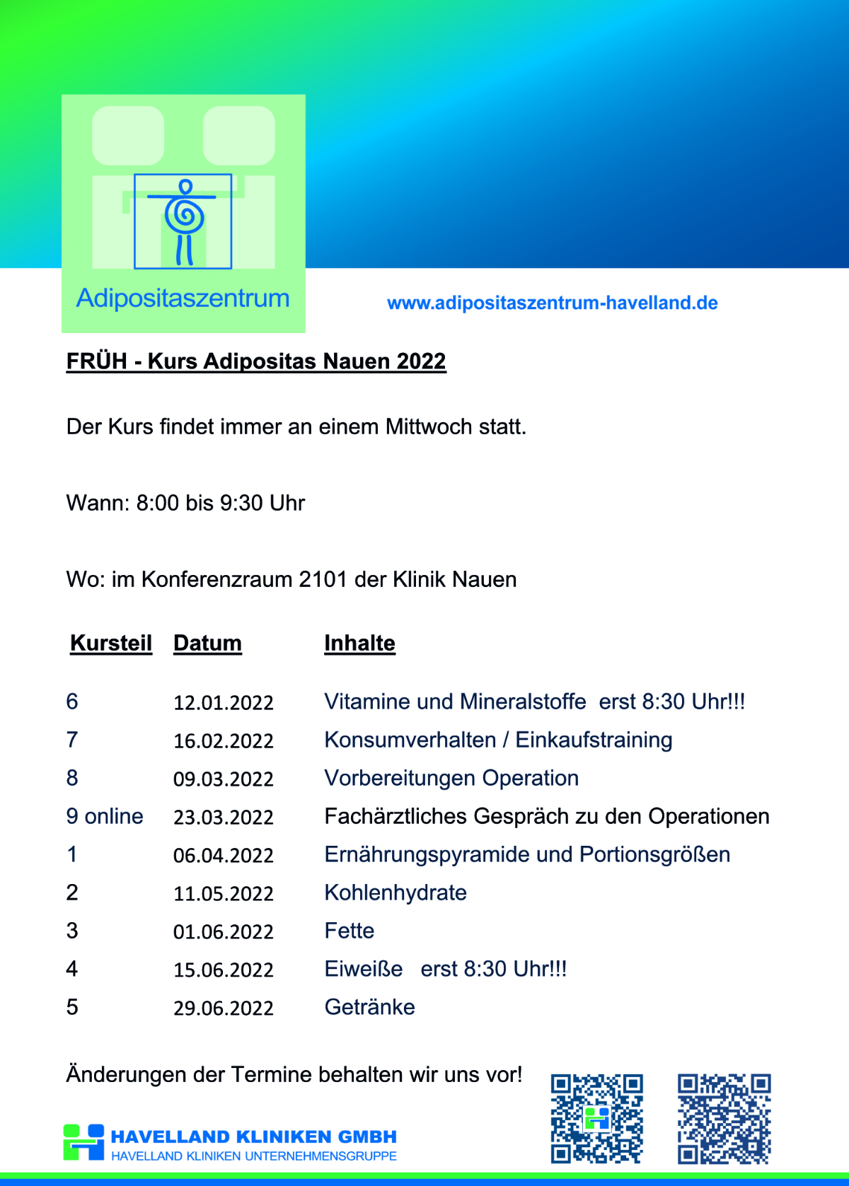 Adipositaszentrum Havelland - Termine Frühkurs Nauen