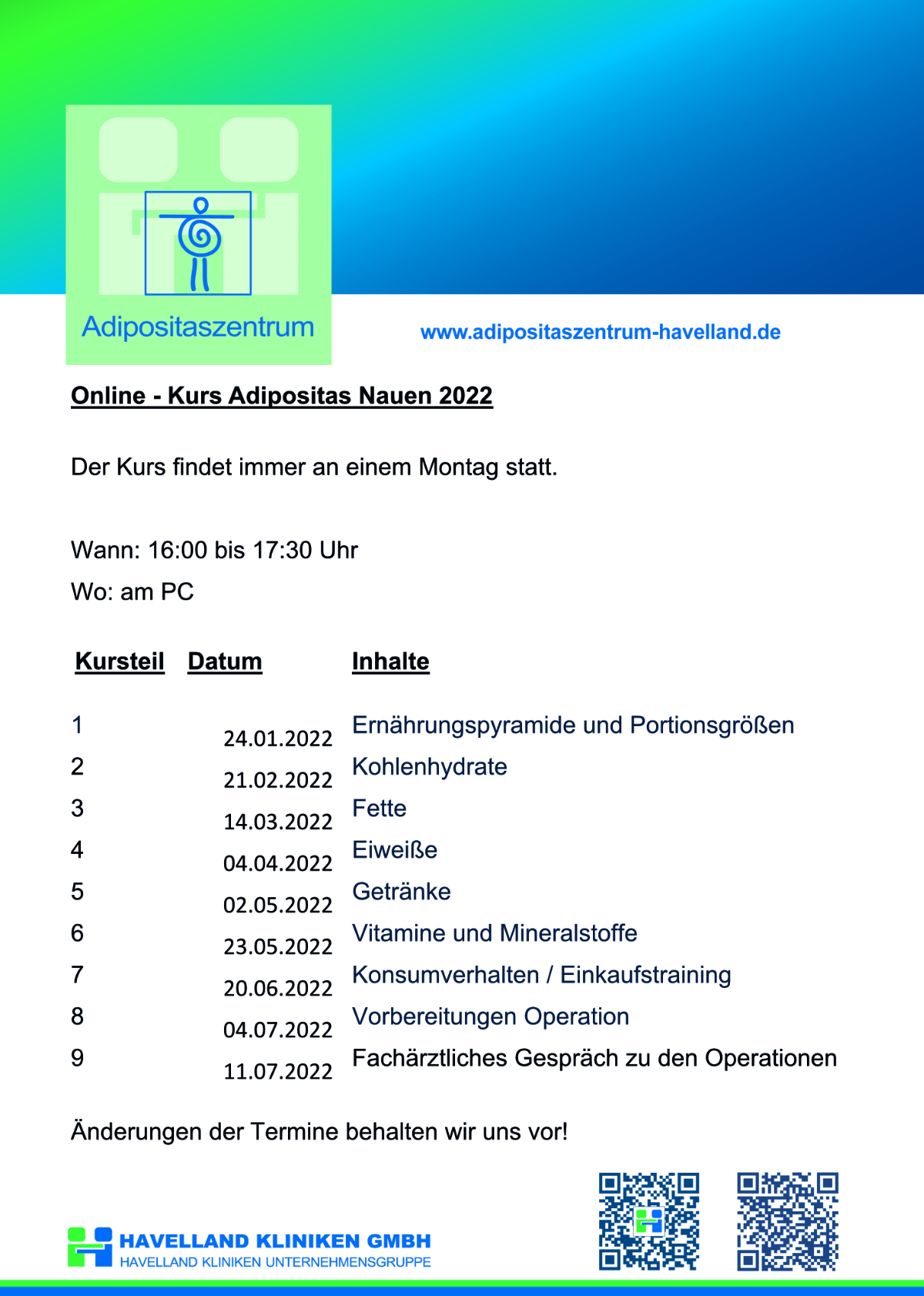 Adipositaszentrum Havelland - Termine Onlinekurs Nauen