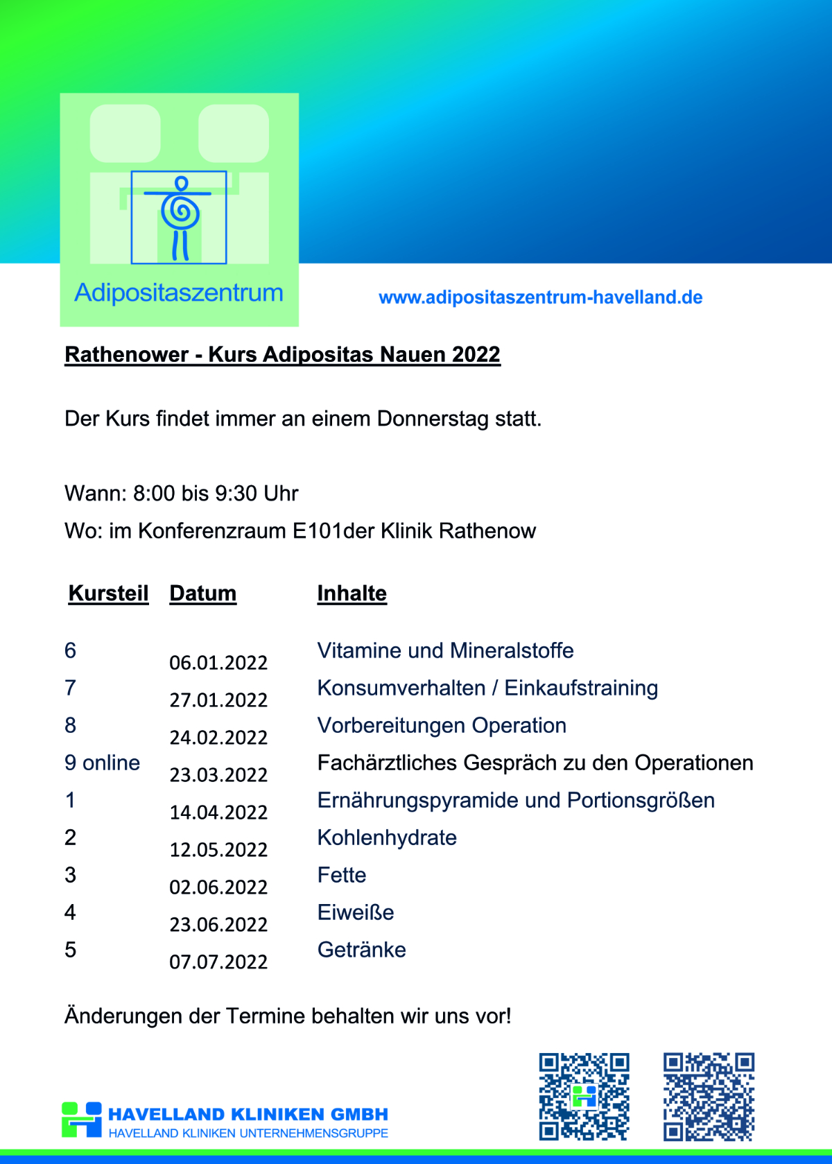 Adipositaszentrum Havelland - Termine Kurs Adipositas Rathenow