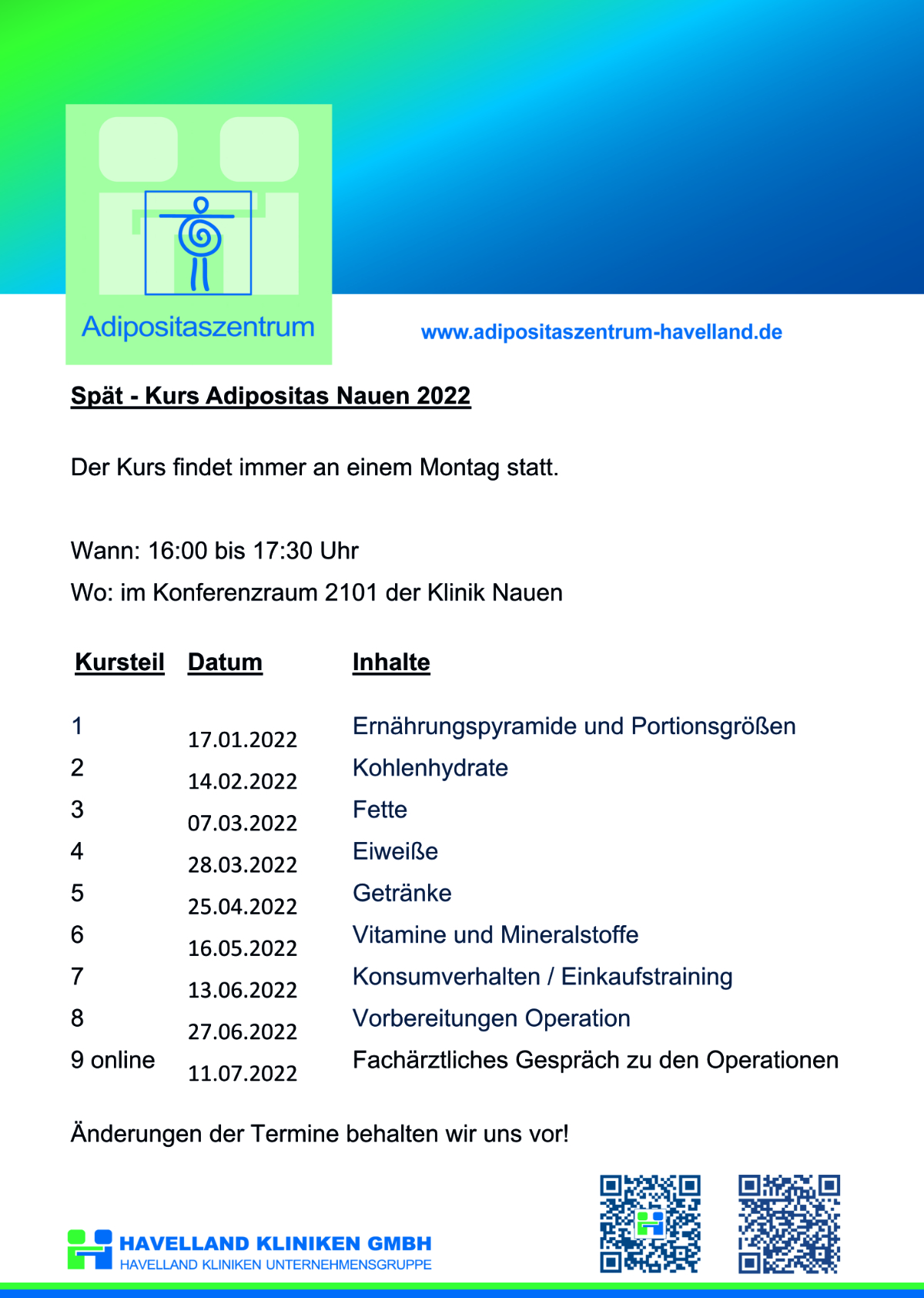 Adipositaszentrum Havelland - Termine Spätkurs Nauen
